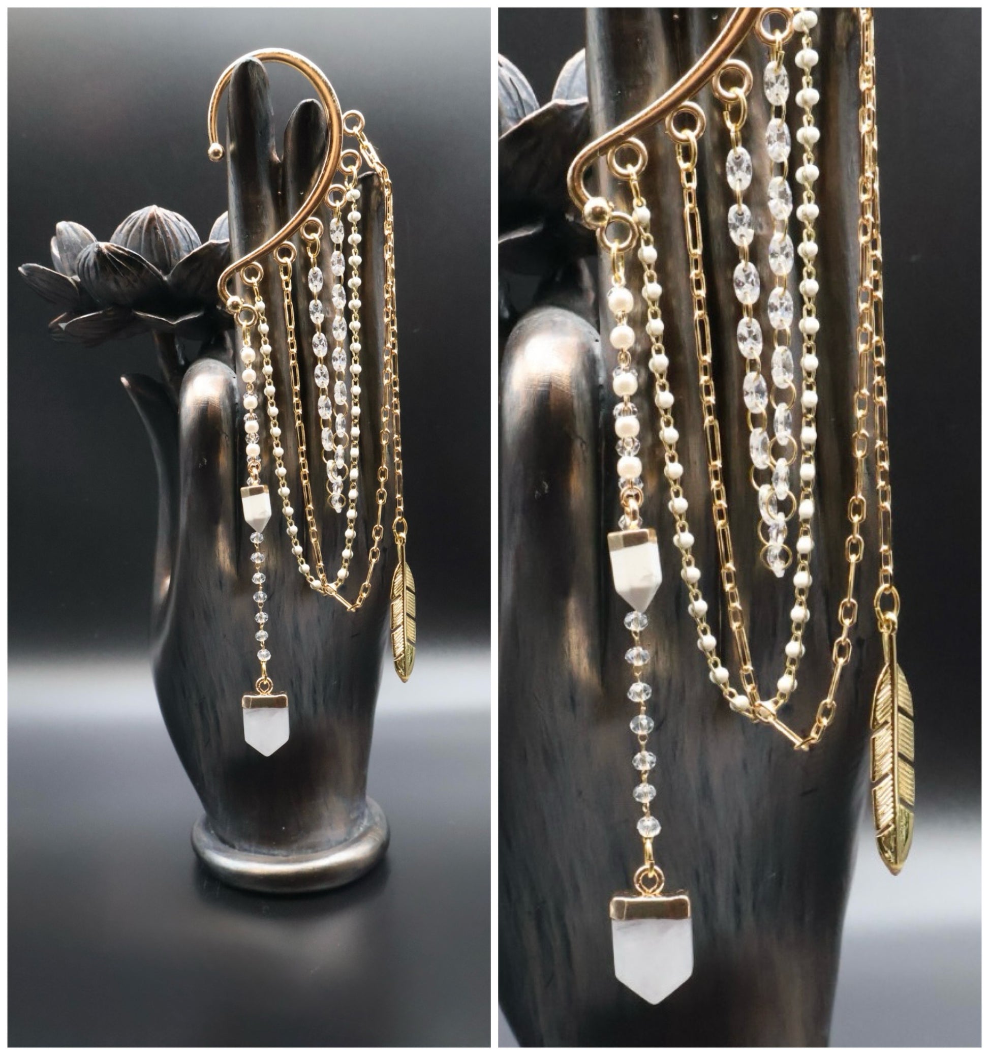 Gold and silver beaded necklace with feather pendant on a black mannequin hand.