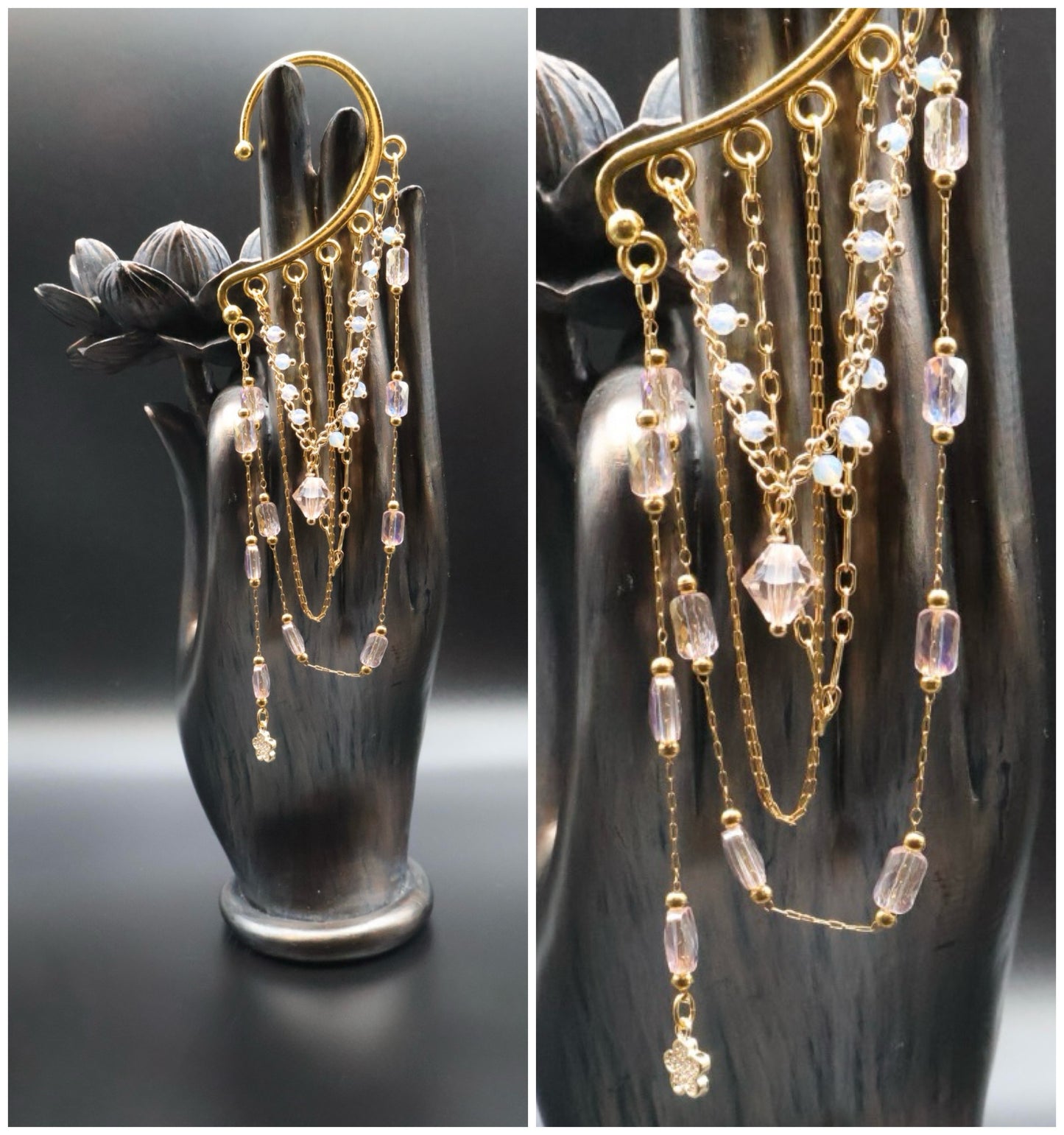 Delicate gold and crystal earrings displayed on a black hand sculpture.
