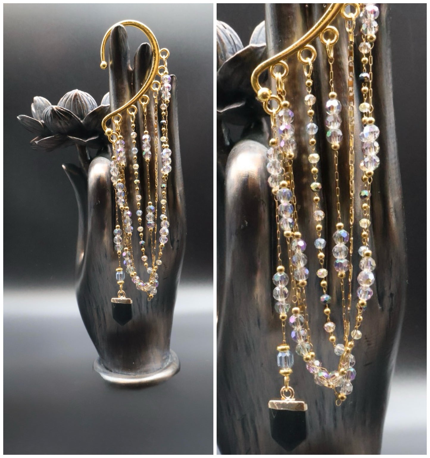 Delicate beaded earrings on a black hand-shaped stand with a dark background