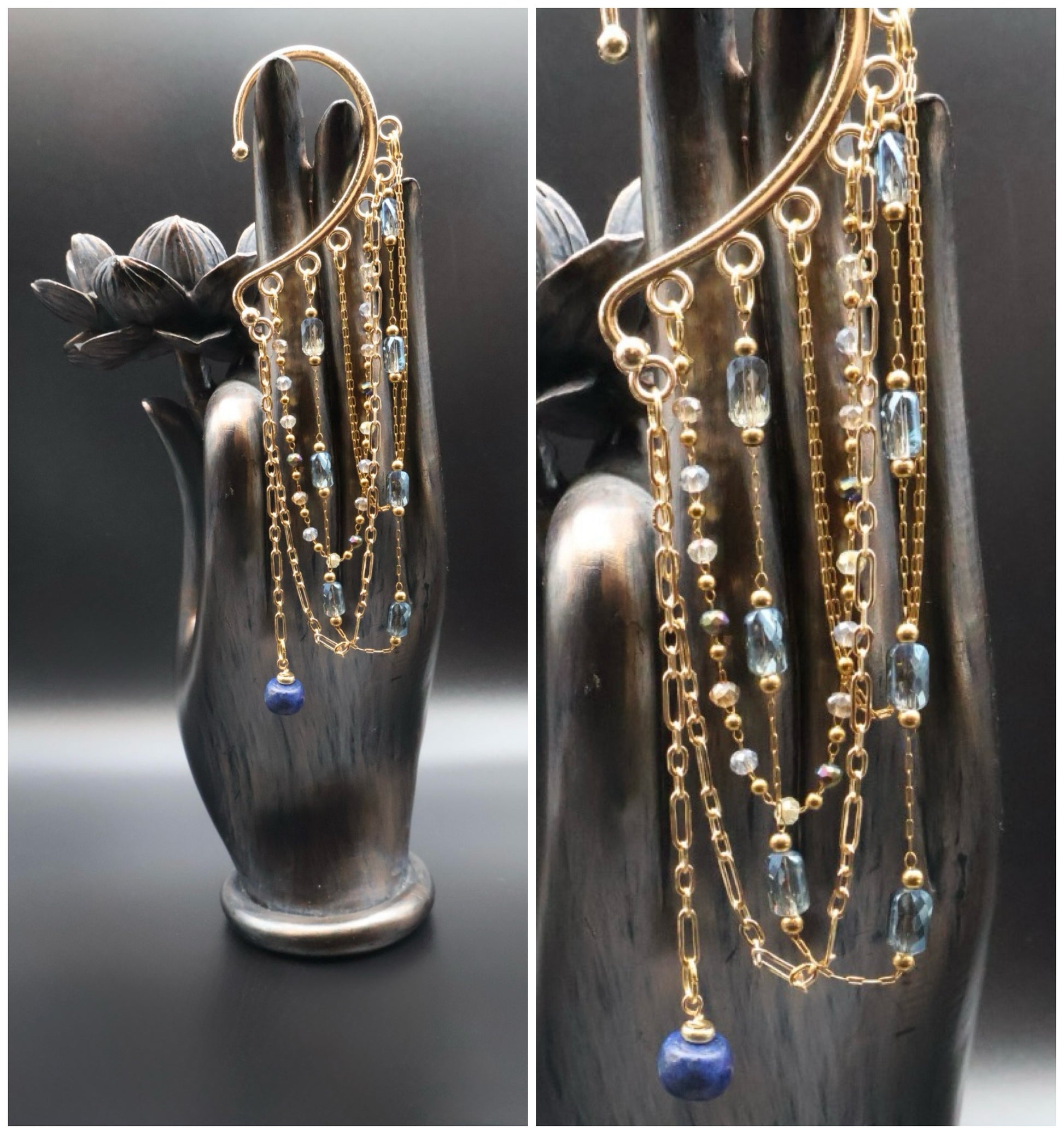 Delicate gold and blue beaded necklace on a black mannequin hand
