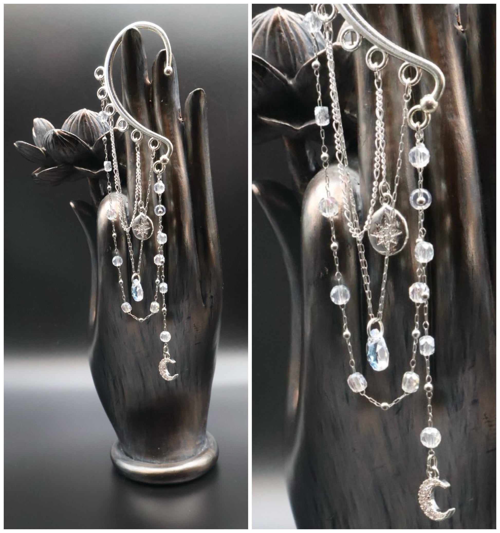Silver earrings with chain and crystal details on a dark background
