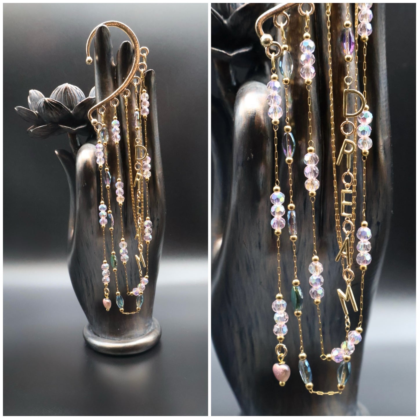 Delicate beaded earrings on a black hand-shaped stand
