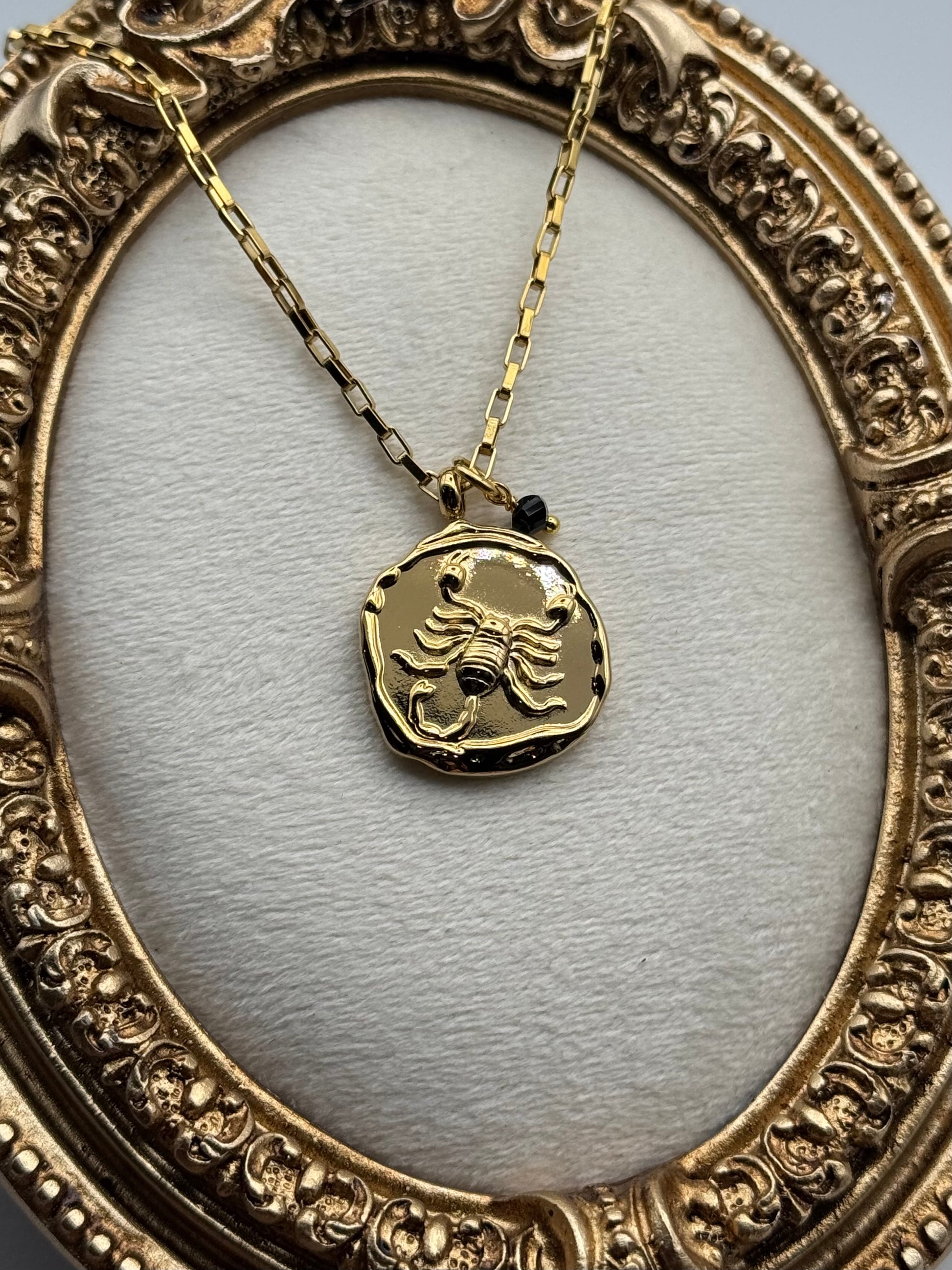 Gold necklace with a scorpion pendant inside an ornate gold frame.