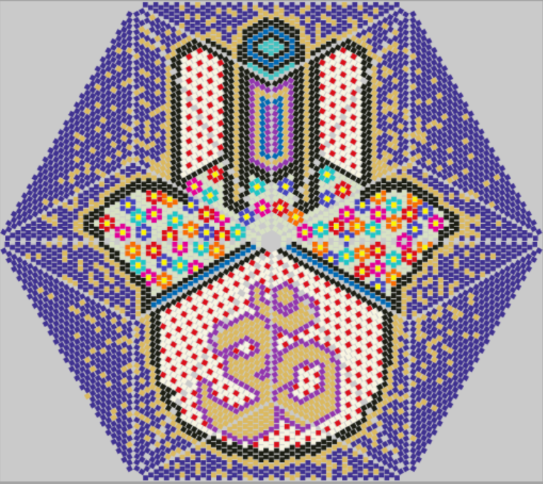 Decorative design with colorful patterns and symbols on a gray background