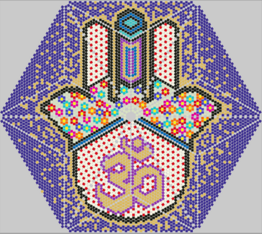 Decorative design with colorful patterns and symbols on a gray background