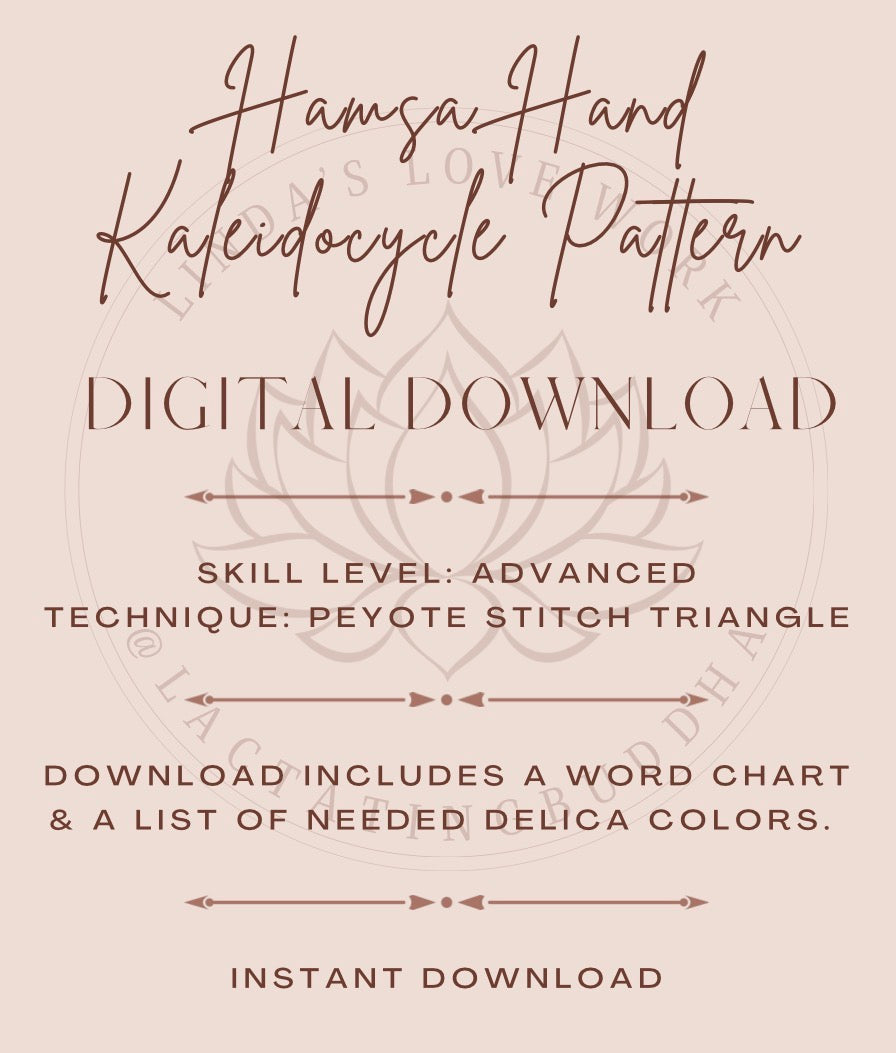 Hamsa Hand Kaleidocycle Pattern digital download information on a beige background