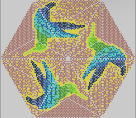 Hexagonal pattern with stylized birds on a gray background