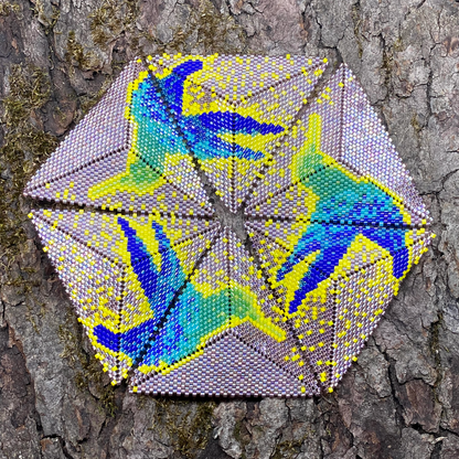 Geometric design with blue and green birds on a textured tree bark background