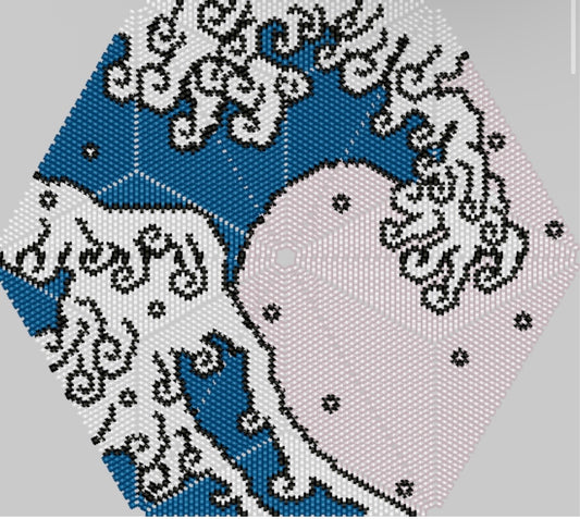 Close-up of a beaded design featuring an ocean wave on a gray background.