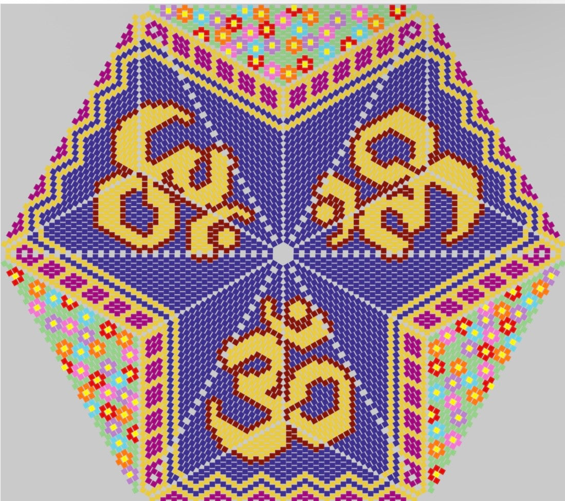 Decorative design with 'Om' symbol and colorful border on a gray background
