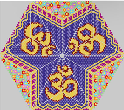 Decorative design with 'Om' symbol and colorful border on a gray background