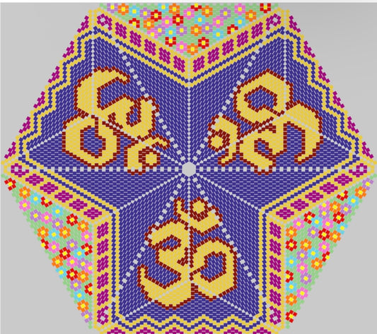 Decorative design with 'Om' symbol and colorful border on a gray background