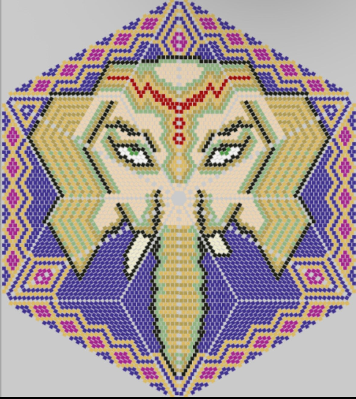 Geometric patterned design with a face-like figure on a gray background