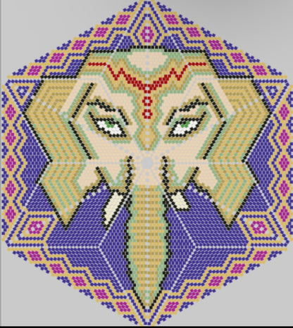 Geometric patterned design with a face-like figure on a gray background