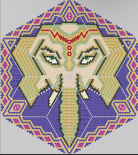 Geometric patterned design with a face-like figure on a gray background