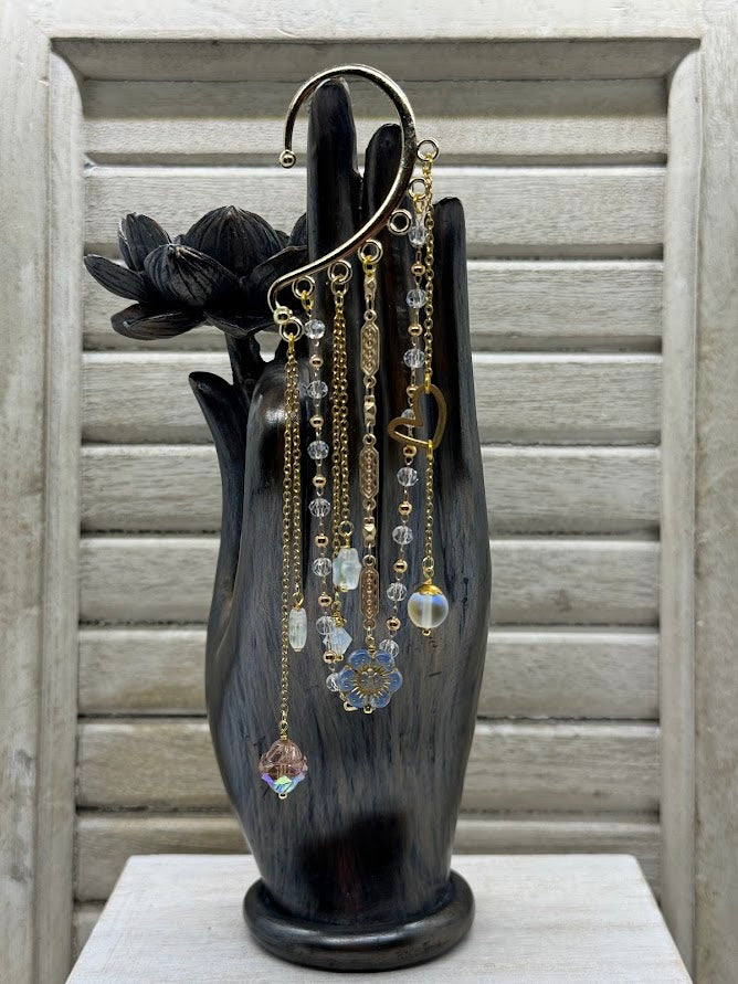 ear hanger with gold and beaded chains and flower and baroque style beads